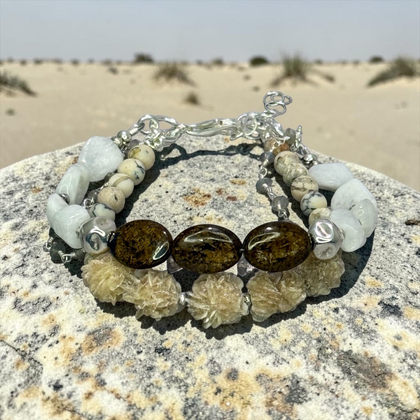 Desert Darling - Raw, Organic Selenite, Moonstone, African White Opal, and Labradorite - 3 Strand Adjustable Bracelet