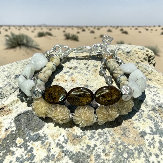 Desert Darling - Raw, Organic Selenite, Moonstone, African White Opal, and Labradorite - 3 Strand Adjustable Bracelet