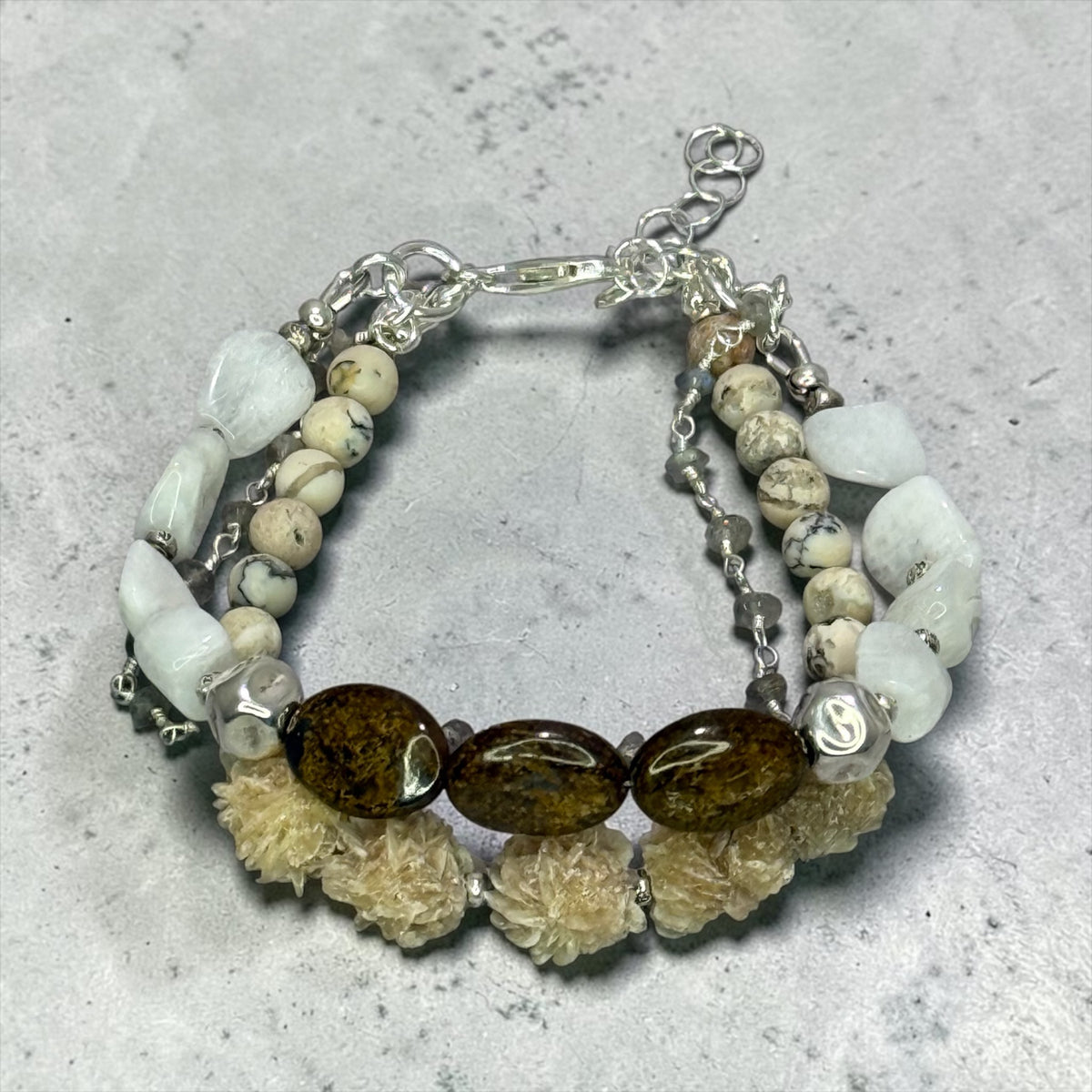 Desert Darling - Raw, Organic Selenite, Moonstone, African White Opal, and Labradorite - 3 Strand Adjustable Bracelet