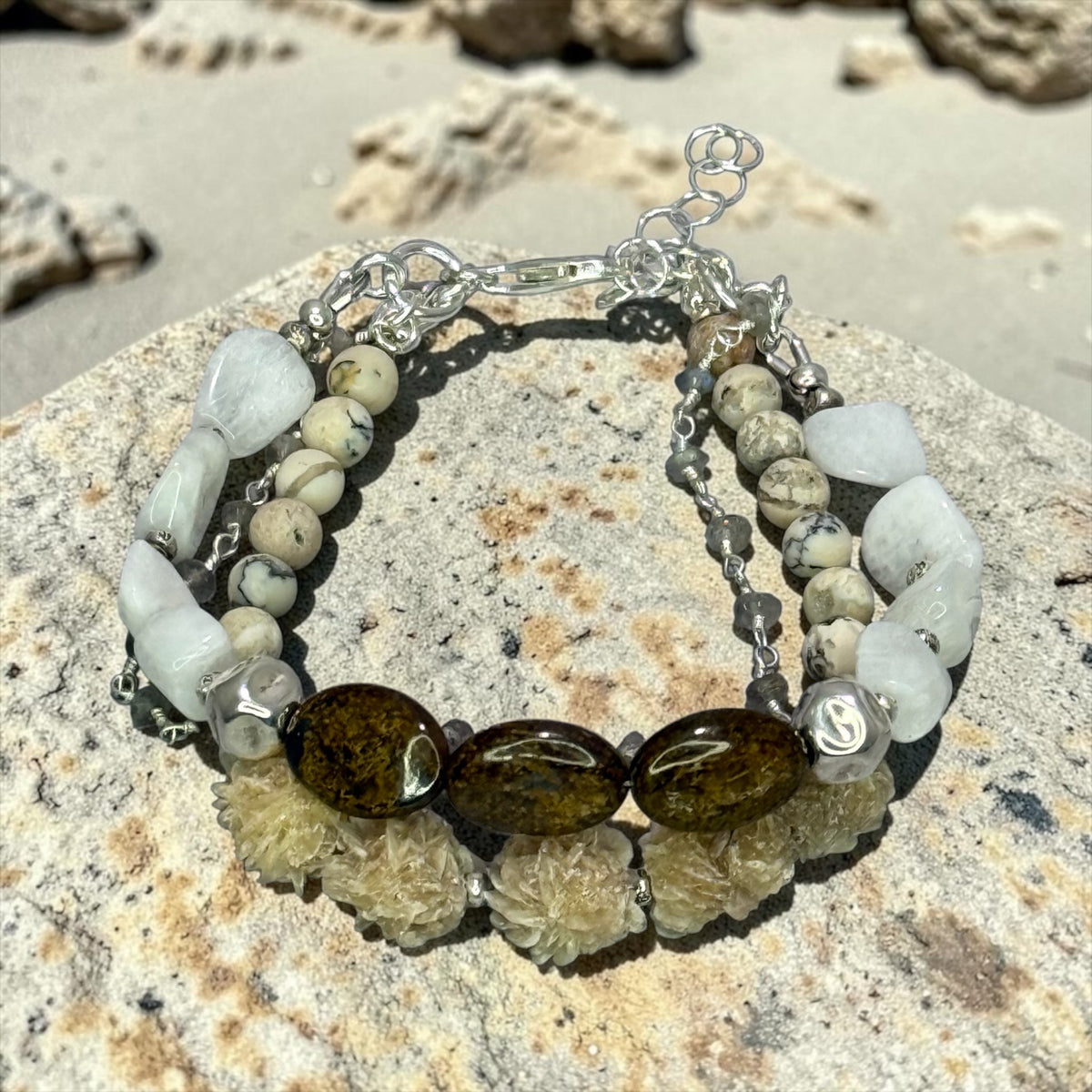 Desert Darling - Raw, Organic Selenite, Moonstone, African White Opal, and Labradorite - 3 Strand Adjustable Bracelet