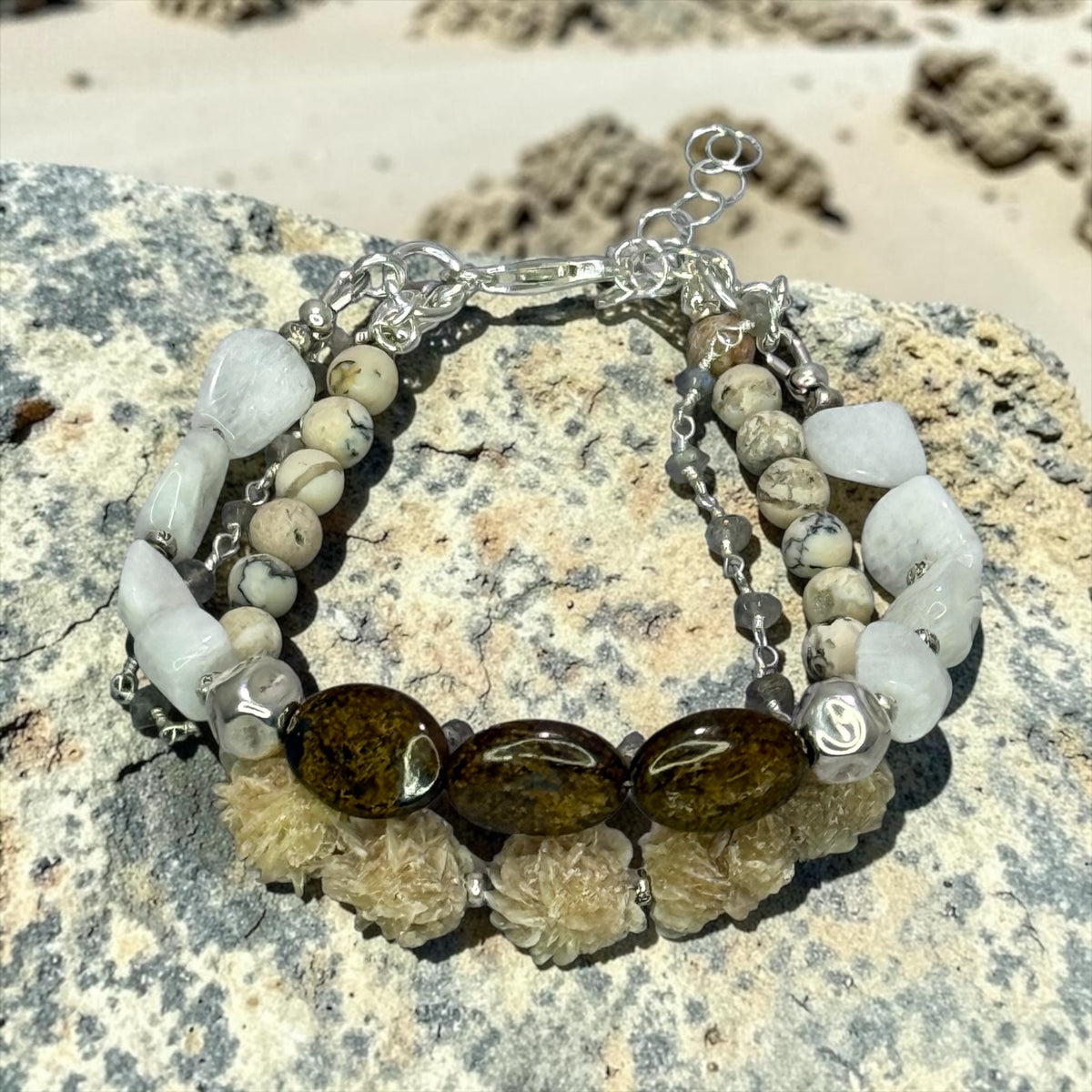 Desert Darling - Raw, Organic Selenite, Moonstone, African White Opal, and Labradorite - 3 Strand Adjustable Bracelet