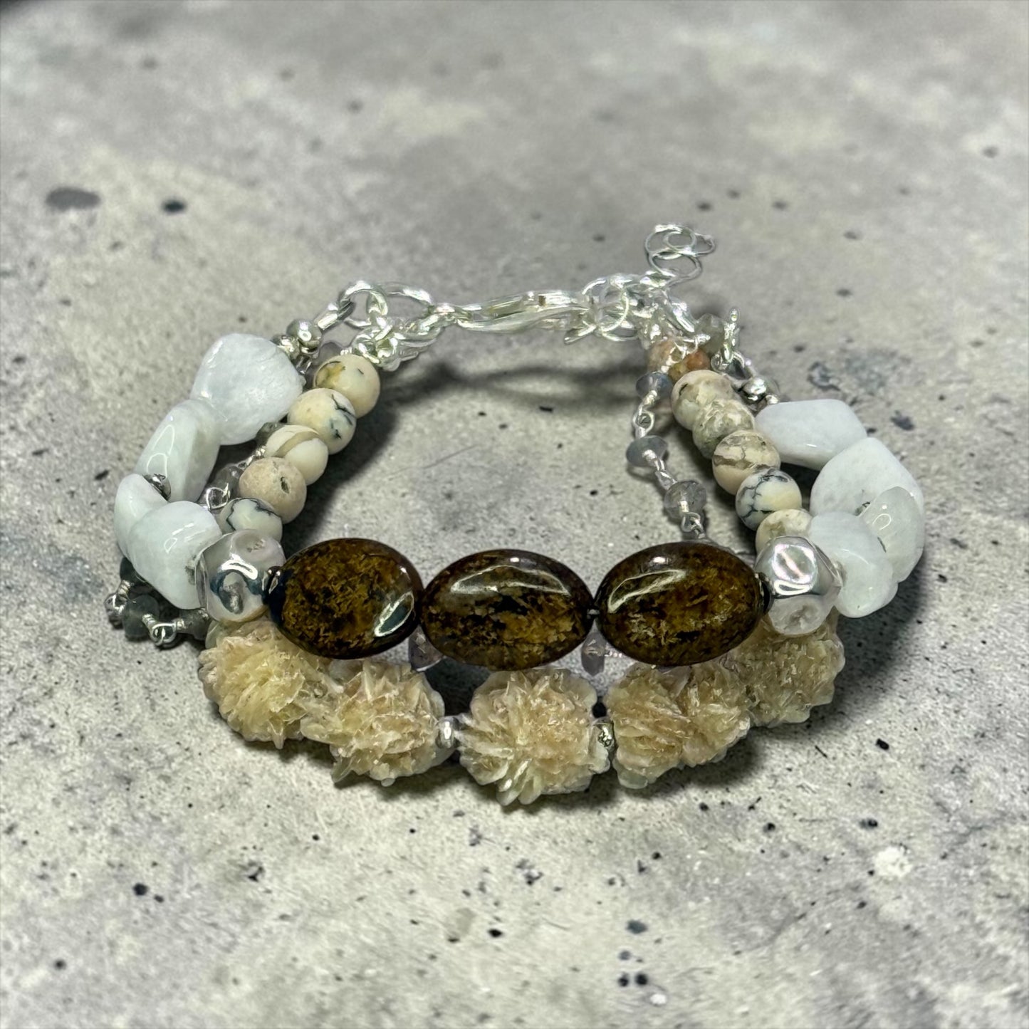 Desert Darling - Raw, Organic Selenite, Moonstone, African White Opal, and Labradorite - 3 Strand Adjustable Bracelet