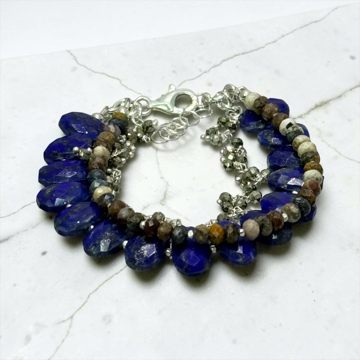 The Eye Of The Storm - Deep Blue Hand Cut Lapis Lazuli, Pietersite, and Pyrite - 3 Strand Adjustable Bracelet