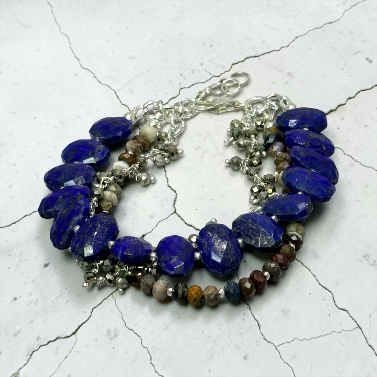 The Eye Of The Storm - Deep Blue Hand Cut Lapis Lazuli, Pietersite, and Pyrite - 3 Strand Adjustable Bracelet