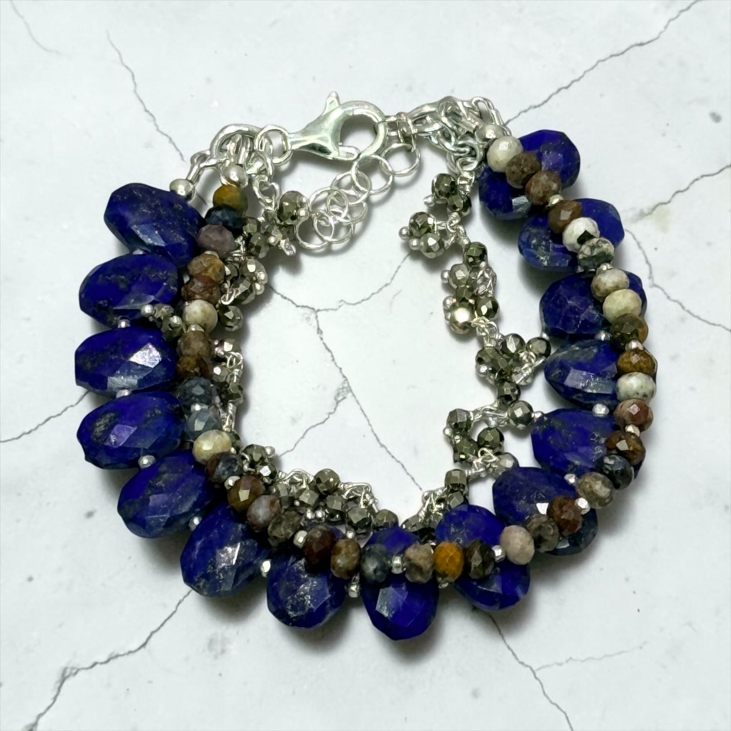 The Eye Of The Storm - Deep Blue Hand Cut Lapis Lazuli, Pietersite, and Pyrite - 3 Strand Adjustable Bracelet