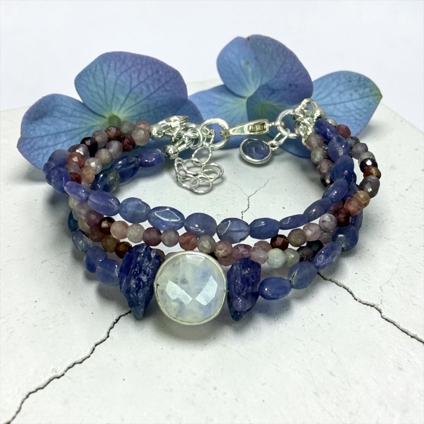 Hydrangea - Genuine Tanzanite, Multi Spinel, and Moonstone - Strand Adjustable Sterling Silver Bracelet
