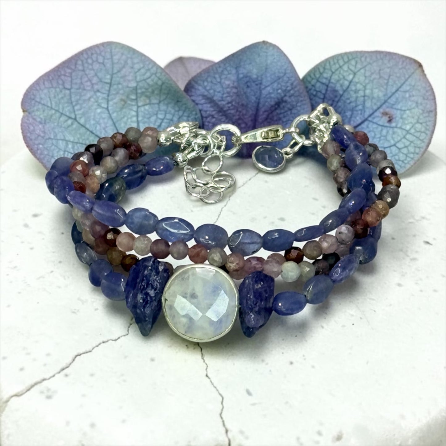 Hydrangea - Genuine Tanzanite, Multi Spinel, and Moonstone - Strand Adjustable Sterling Silver Bracelet