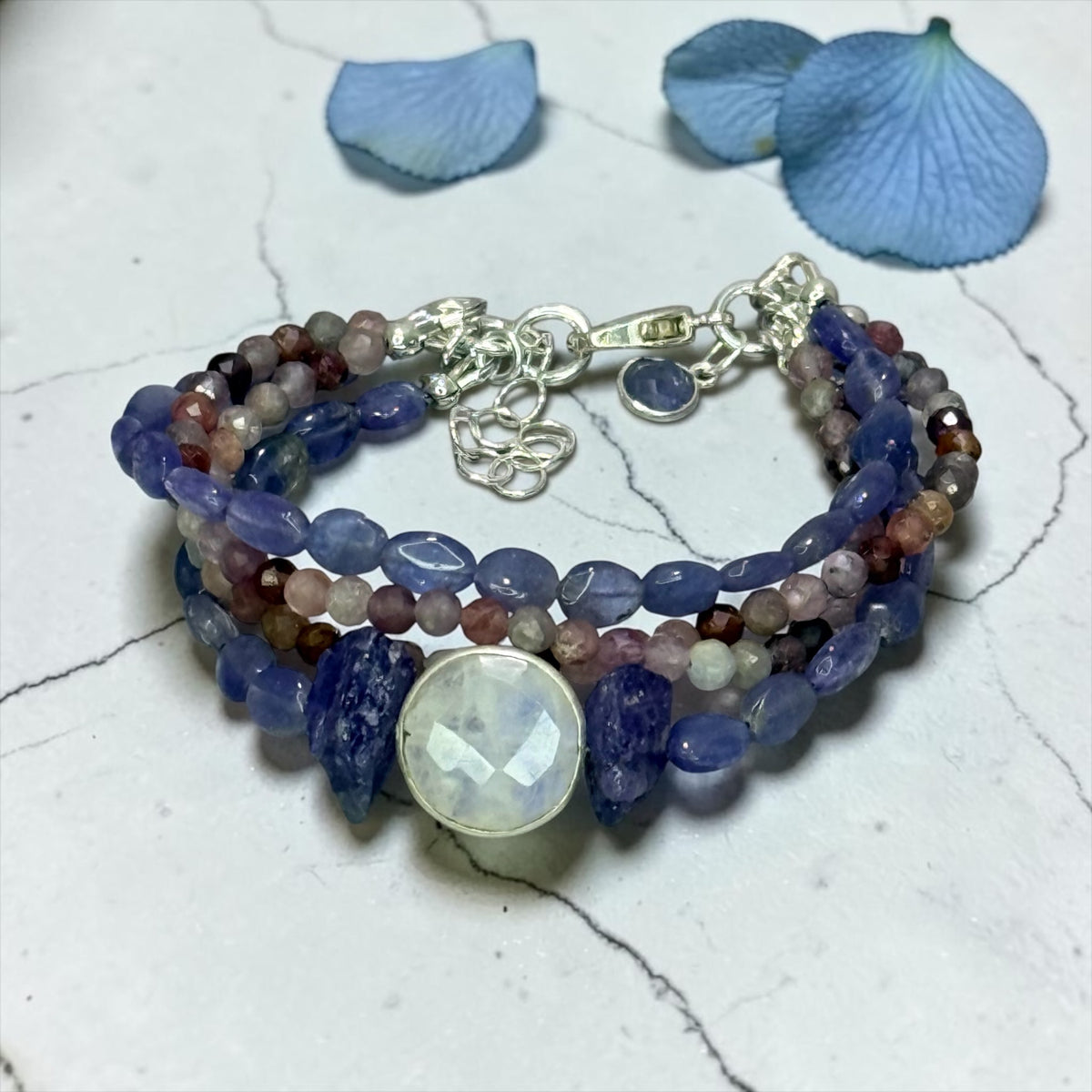 Hydrangea - Genuine Tanzanite, Multi Spinel, and Moonstone - Strand Adjustable Sterling Silver Bracelet