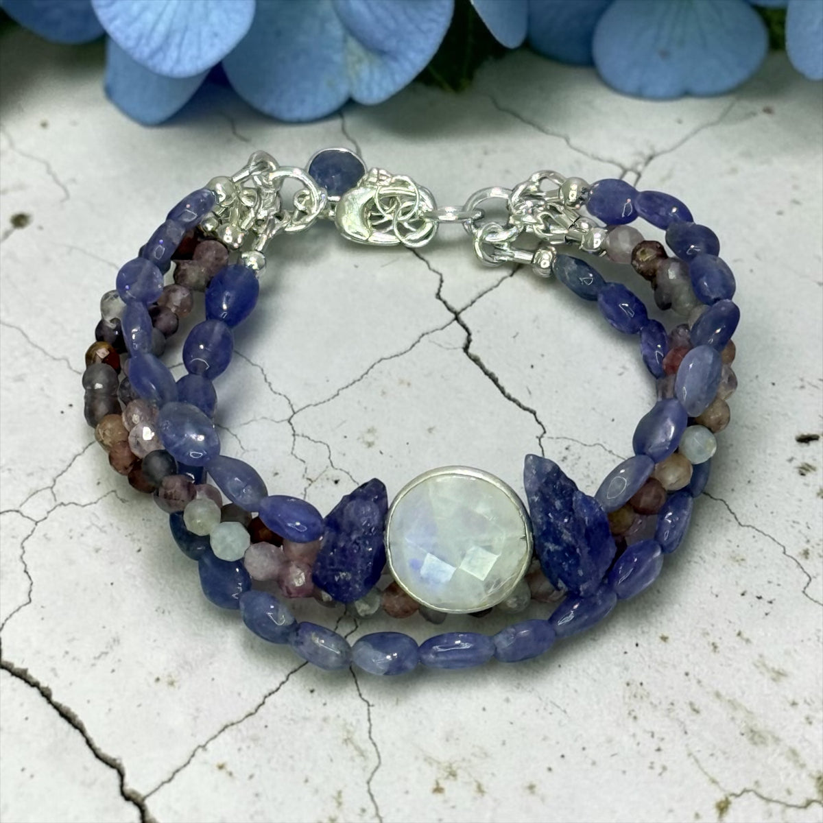 Hydrangea - Genuine Tanzanite, Multi Spinel, and Moonstone - Strand Adjustable Sterling Silver Bracelet