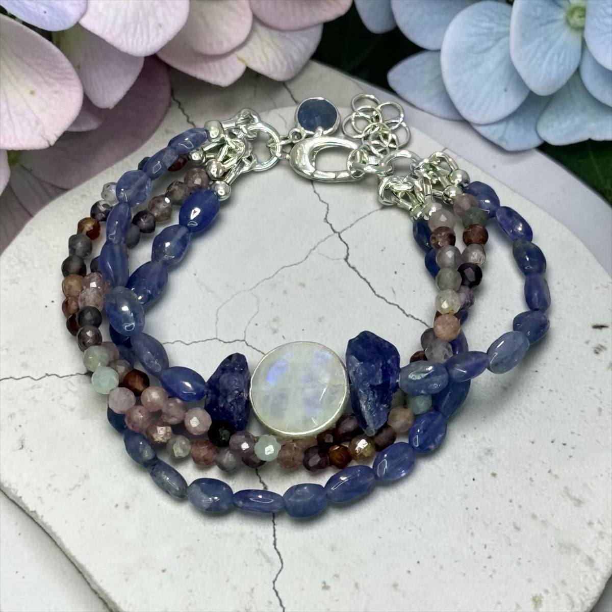 Hydrangea - Genuine Tanzanite, Multi Spinel, and Moonstone - Strand Adjustable Sterling Silver Bracelet
