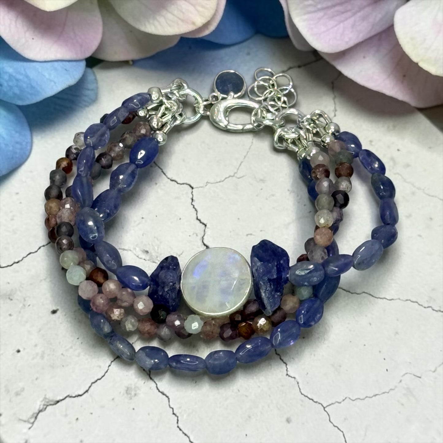 Hydrangea - Genuine Tanzanite, Multi Spinel, and Moonstone - Strand Adjustable Sterling Silver Bracelet