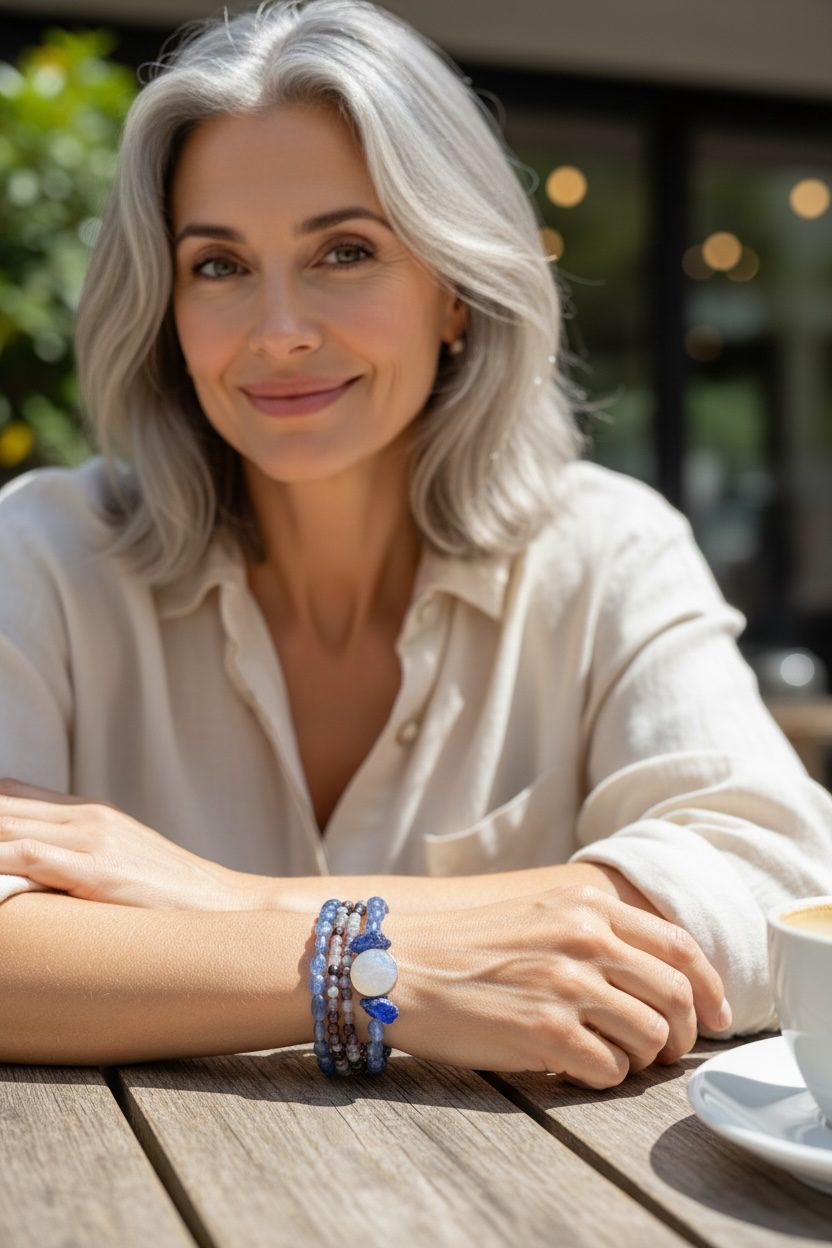 Hydrangea - Genuine Tanzanite, Multi Spinel, and Moonstone - Strand Adjustable Sterling Silver Bracelet