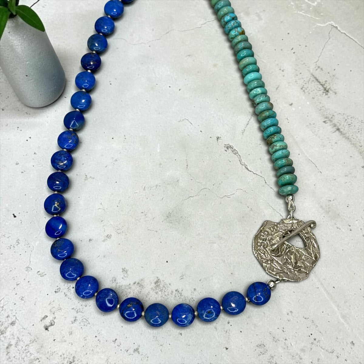 Around The Town - Lapis and Kingman Turquoise with Unique Artisan Sterling Silver Toggle - Adjustable Necklace