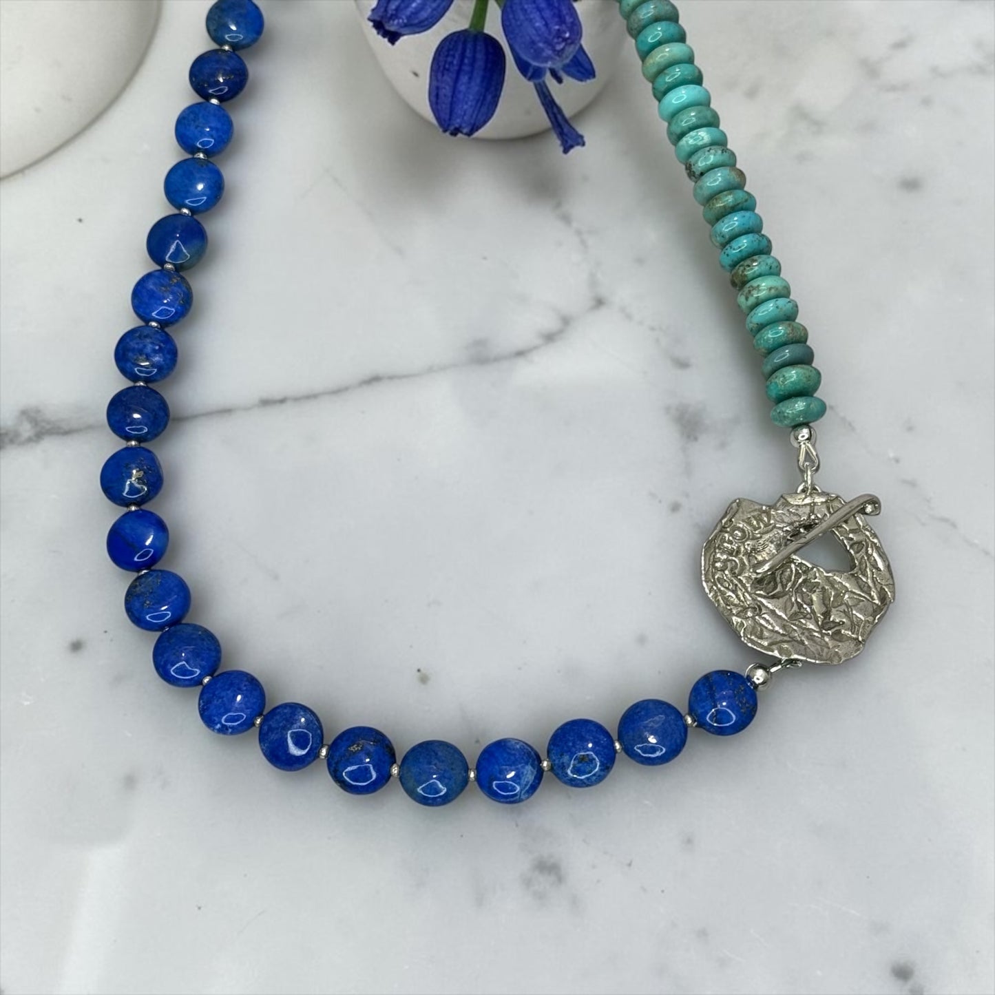 Around The Town - Lapis and Kingman Turquoise with Unique Artisan Sterling Silver Toggle - Adjustable Necklace