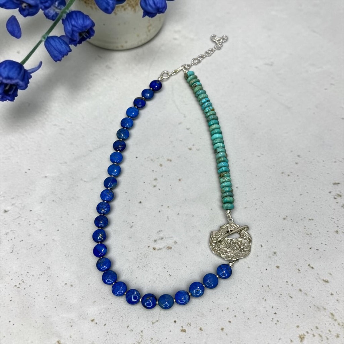 Around The Town - Lapis and Kingman Turquoise with Unique Artisan Sterling Silver Toggle - Adjustable Necklace