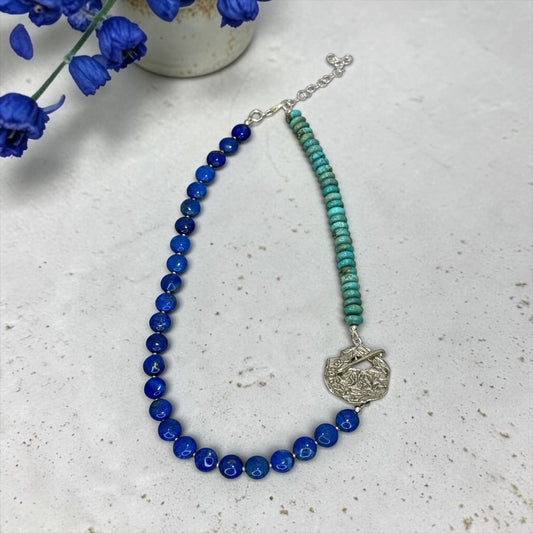 Around The Town - Lapis and Kingman Turquoise with Unique Artisan Sterling Silver Toggle - Adjustable Necklace
