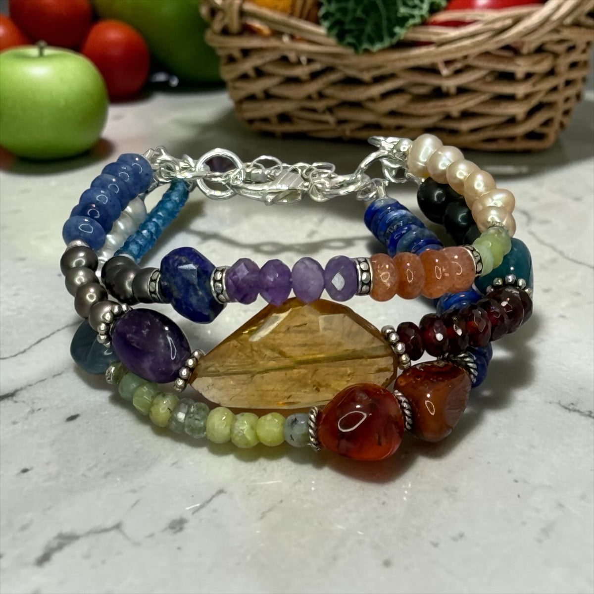 Market Basket - Mixed Gemstone 3 Strand Adjustable Bracelet