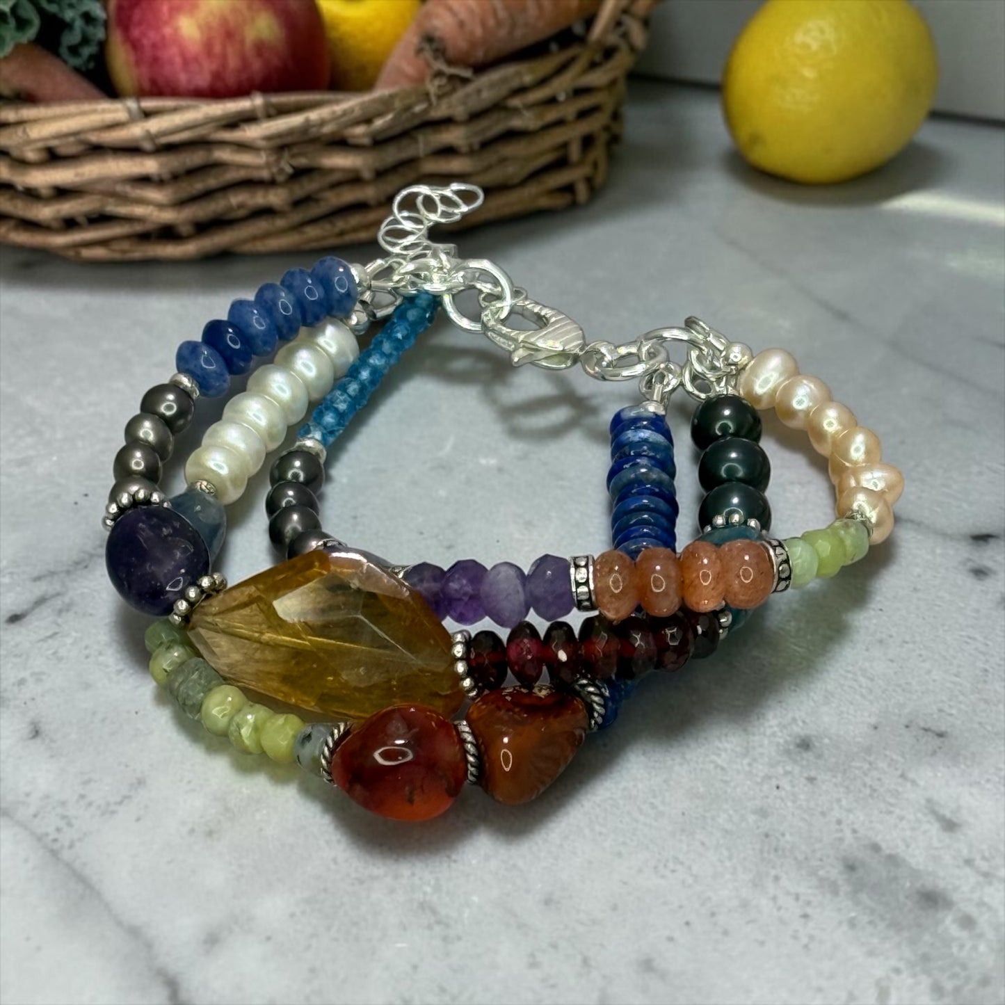Market Basket - Mixed Gemstone 3 Strand Adjustable Bracelet