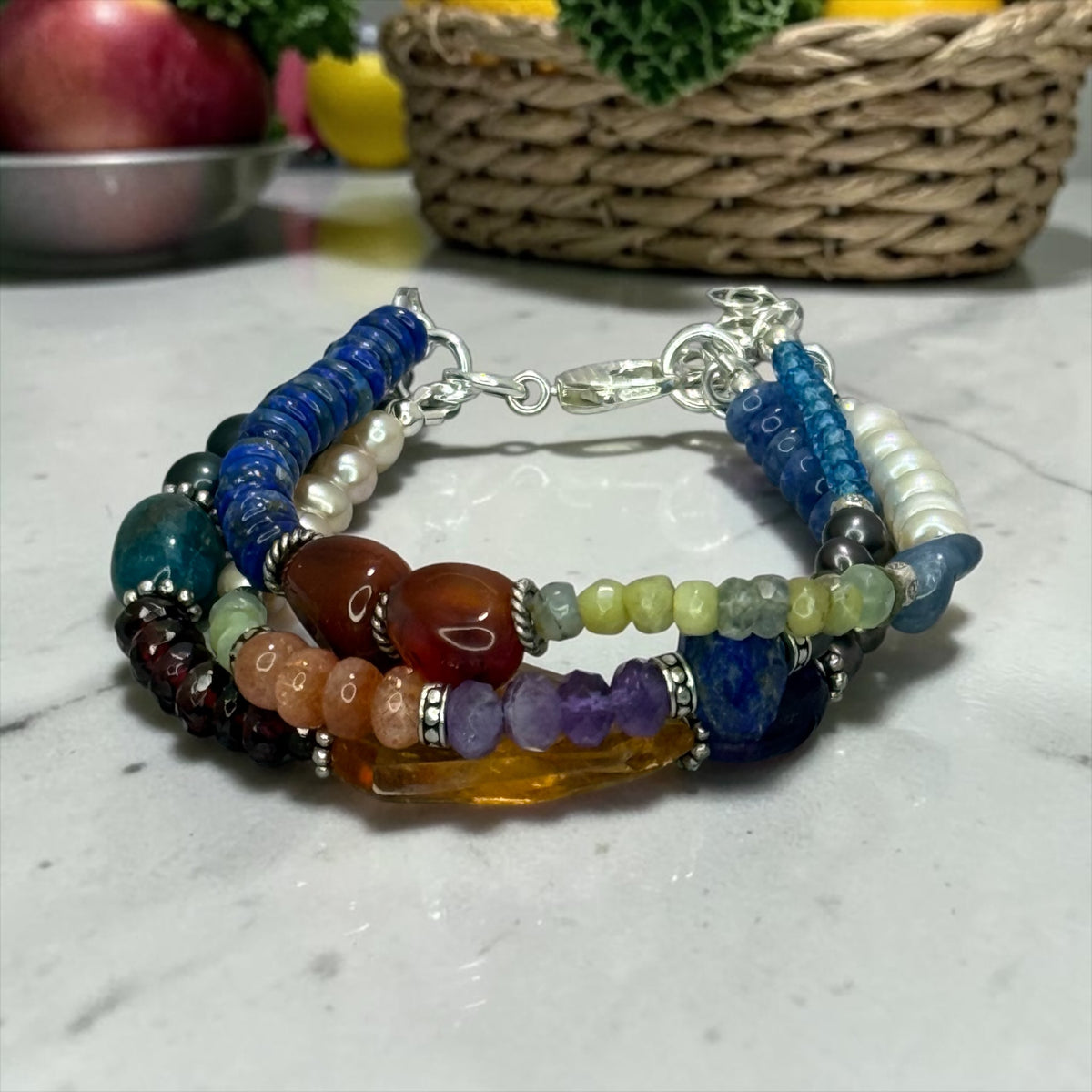 Market Basket - Mixed Gemstone 3 Strand Adjustable Bracelet