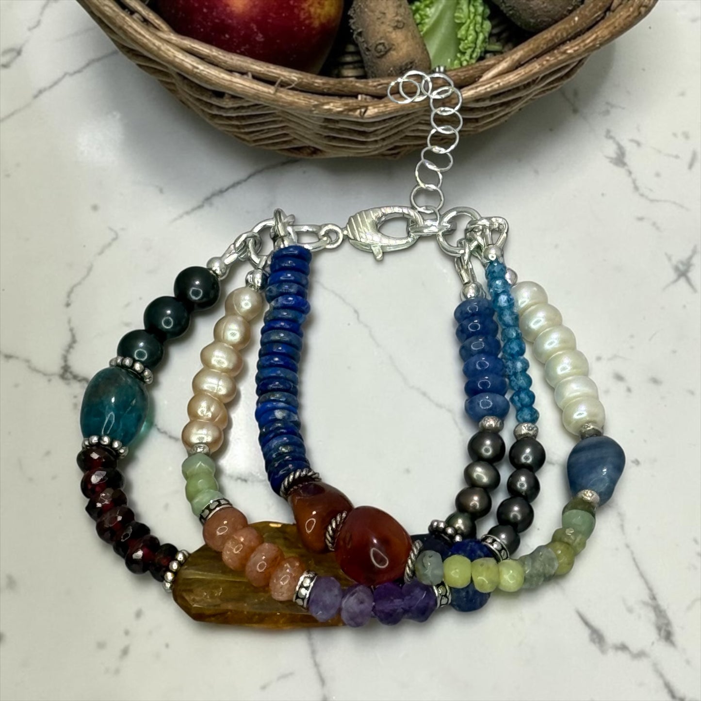 Market Basket - Mixed Gemstone 3 Strand Adjustable Bracelet