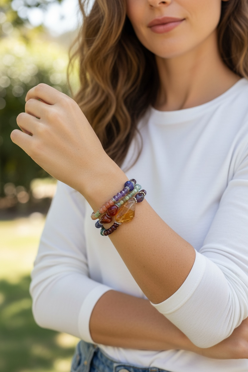 Market Basket - Mixed Gemstone 3 Strand Adjustable Bracelet