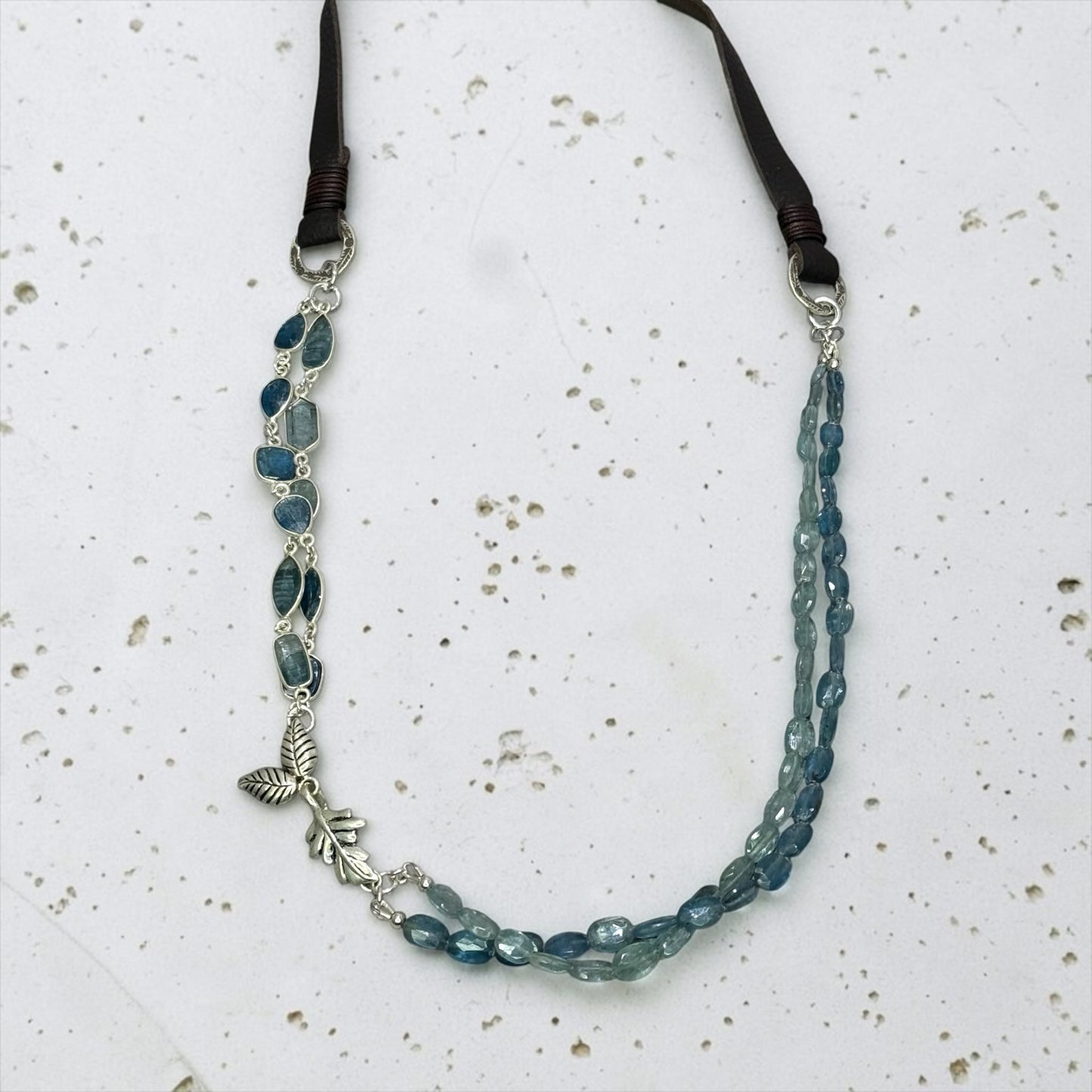 The Sky’s The Limit - Hand-cut Aqua and Sky Blue Kyanite, Artisan Sterling Silver Leaf - Adjustable Necklace