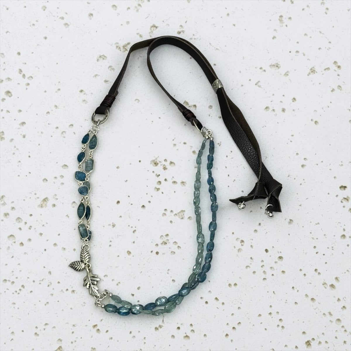 The Sky’s The Limit - Hand-cut Aqua and Sky Blue Kyanite, Artisan Sterling Silver Leaf - Adjustable Necklace