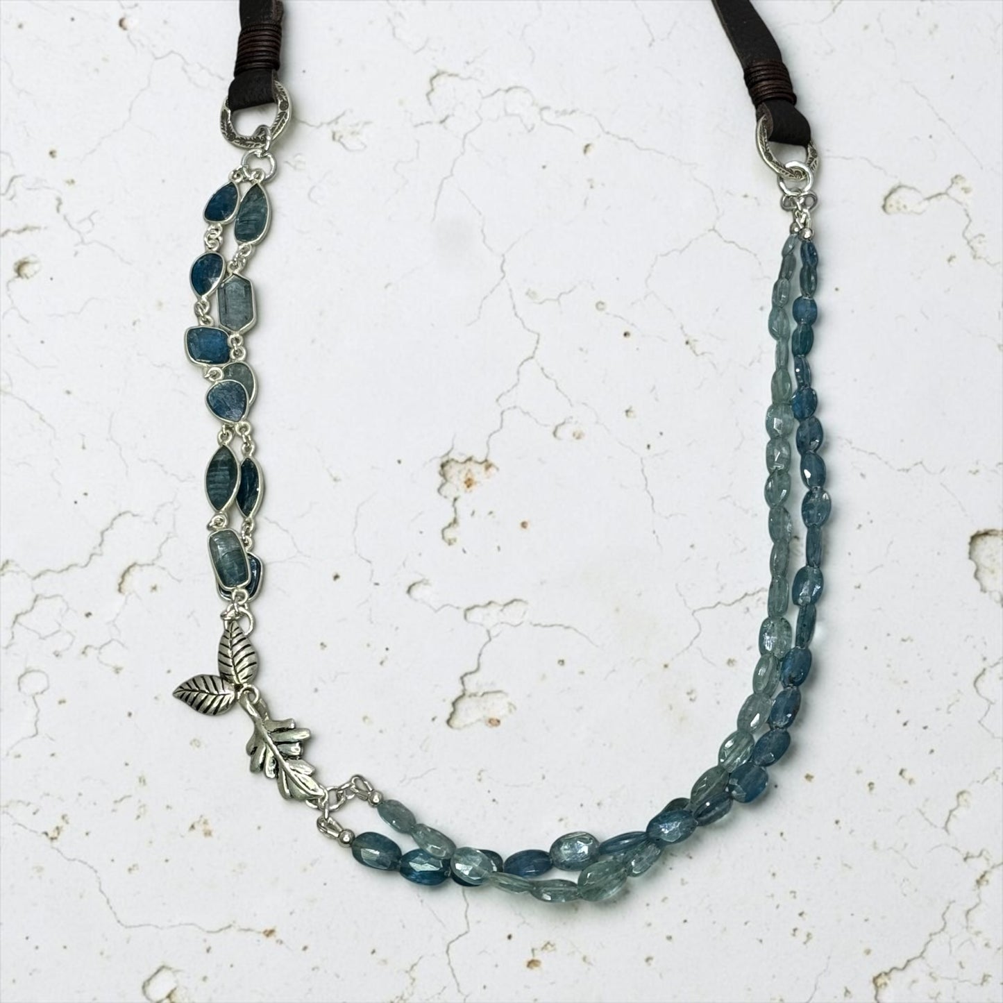 The Sky’s The Limit - Hand-cut Aqua and Sky Blue Kyanite, Artisan Sterling Silver Leaf - Adjustable Necklace