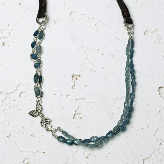 The Sky’s The Limit - Hand-cut Aqua and Sky Blue Kyanite, Artisan Sterling Silver Leaf - Adjustable Necklace