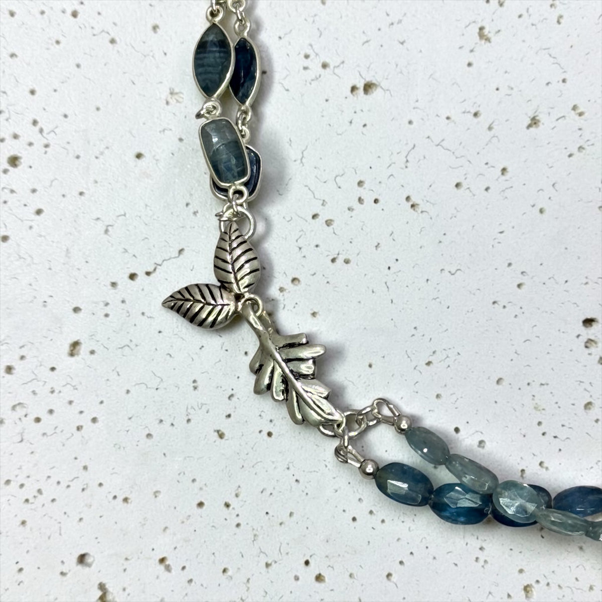 The Sky’s The Limit - Hand-cut Aqua and Sky Blue Kyanite, Artisan Sterling Silver Leaf - Adjustable Necklace
