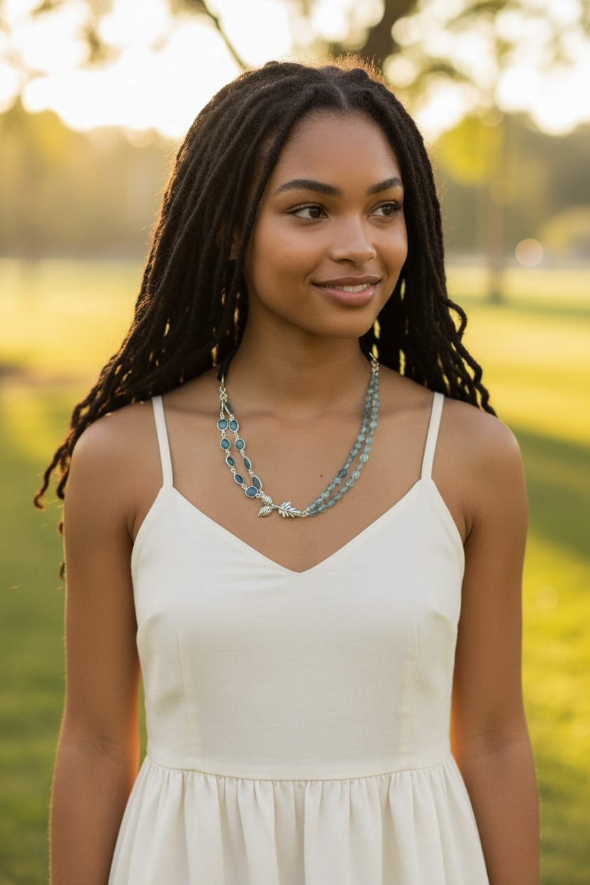 The Sky’s The Limit - Hand-cut Aqua and Sky Blue Kyanite, Artisan Sterling Silver Leaf - Adjustable Necklace