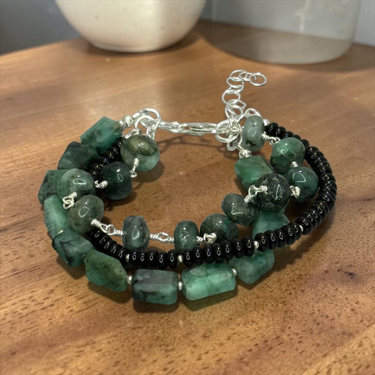 Emerald Isle - Natural, Hand Cut Emeralds and Black Onyx - 3 Strand Adjustable Bracelet