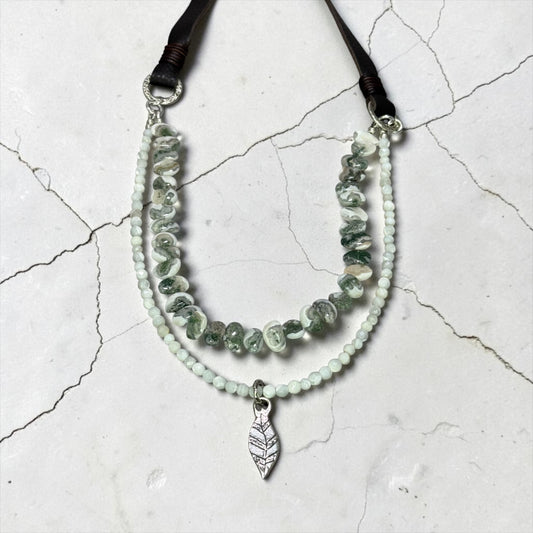 Frozen Forest - Hand Cut Moss Agate and Mother of Pearl - Adjustable Leather Necklace with Artisan Sterling Silver Leaf Pendant