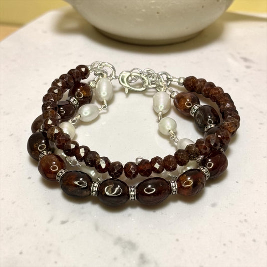 Drops Of Honey - Warm, Rich Cognac Colored Hessonite Garnet & Hand Wrapped Creamy White Baroque Pearls - Adjustable Sterling Silver Bracelet