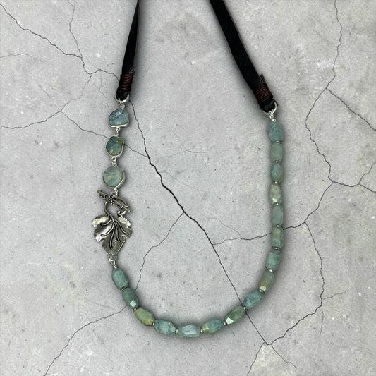Soothe - Raw, Natural, Hand Cut Aquamarine and Artisan Silver Large Leaf - Adjustable Leather Necklace
