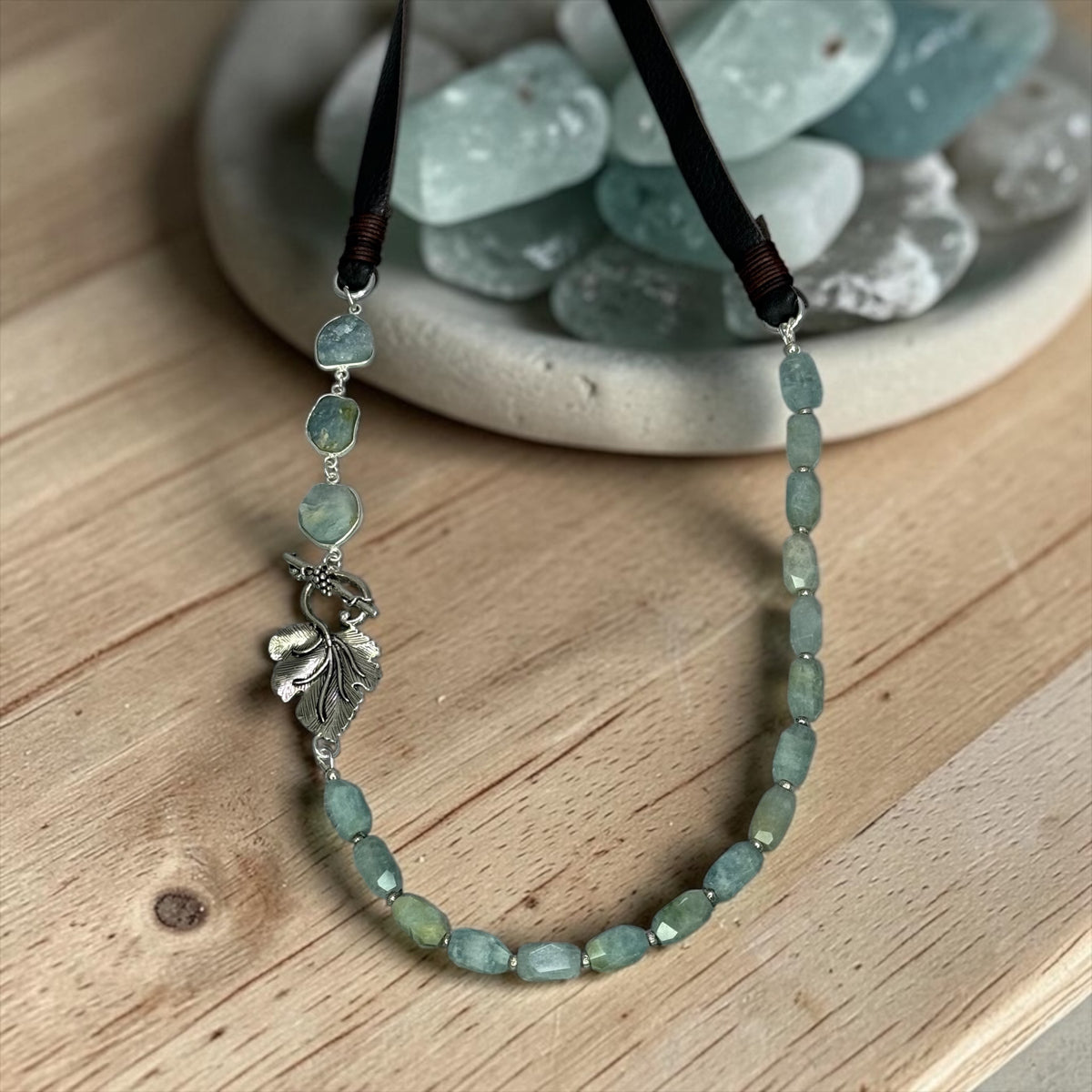 Soothe - Raw, Natural, Hand Cut Aquamarine and Artisan Silver Large Leaf - Adjustable Leather Necklace
