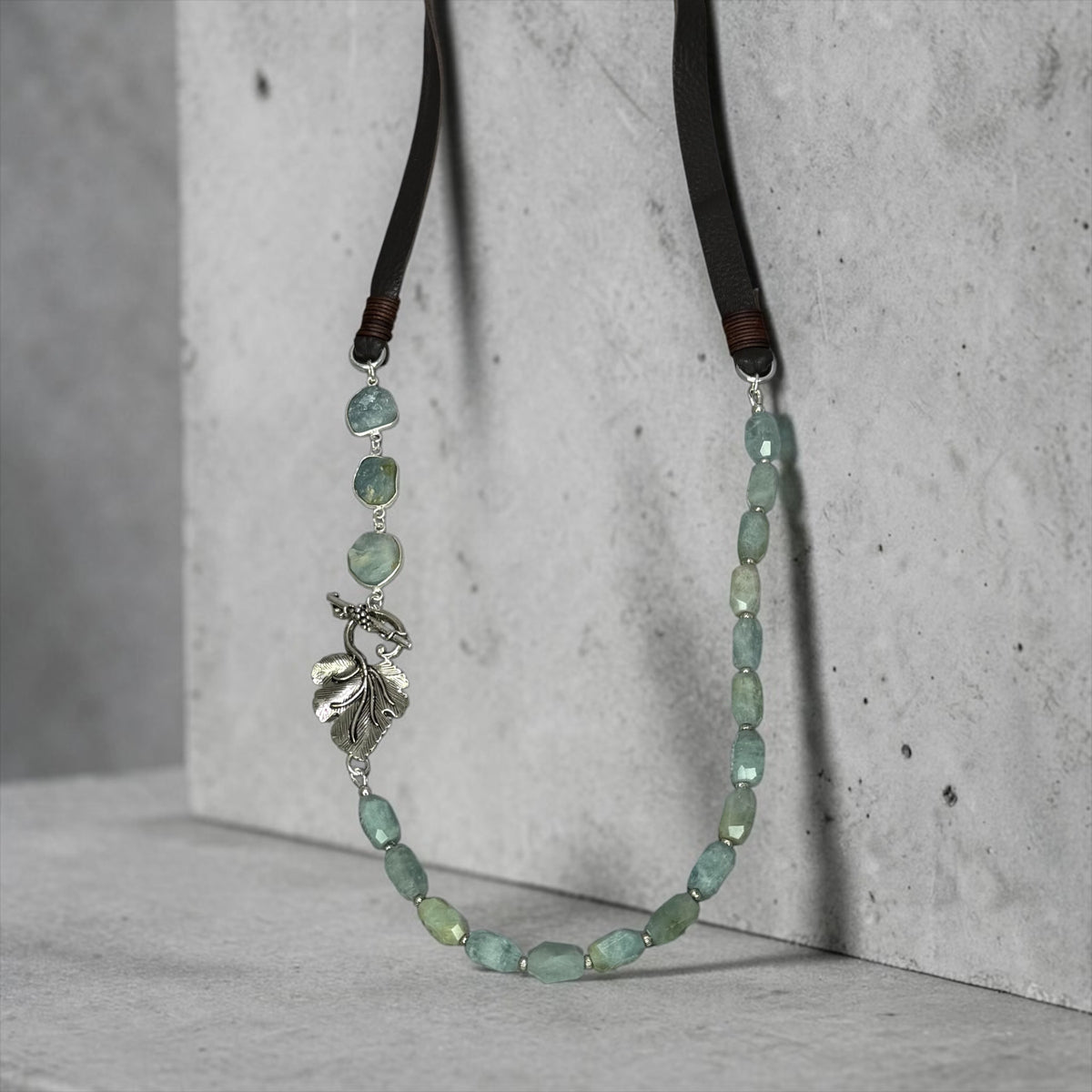 Soothe - Raw, Natural, Hand Cut Aquamarine and Artisan Silver Large Leaf - Adjustable Leather Necklace