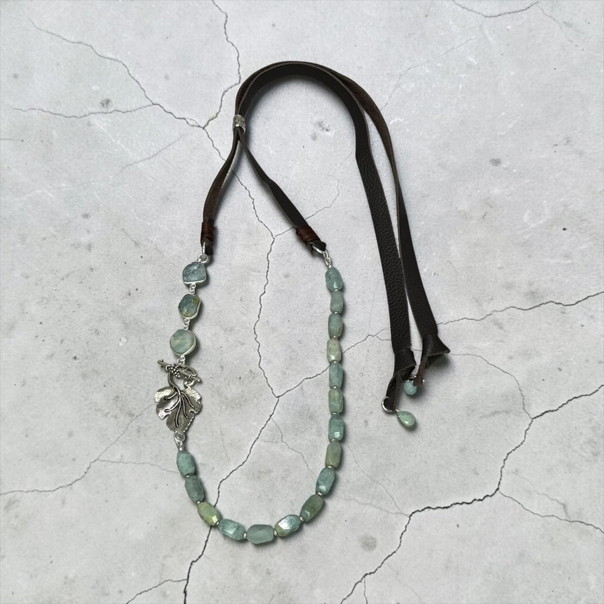 Soothe - Raw, Natural, Hand Cut Aquamarine and Artisan Silver Large Leaf - Adjustable Leather Necklace