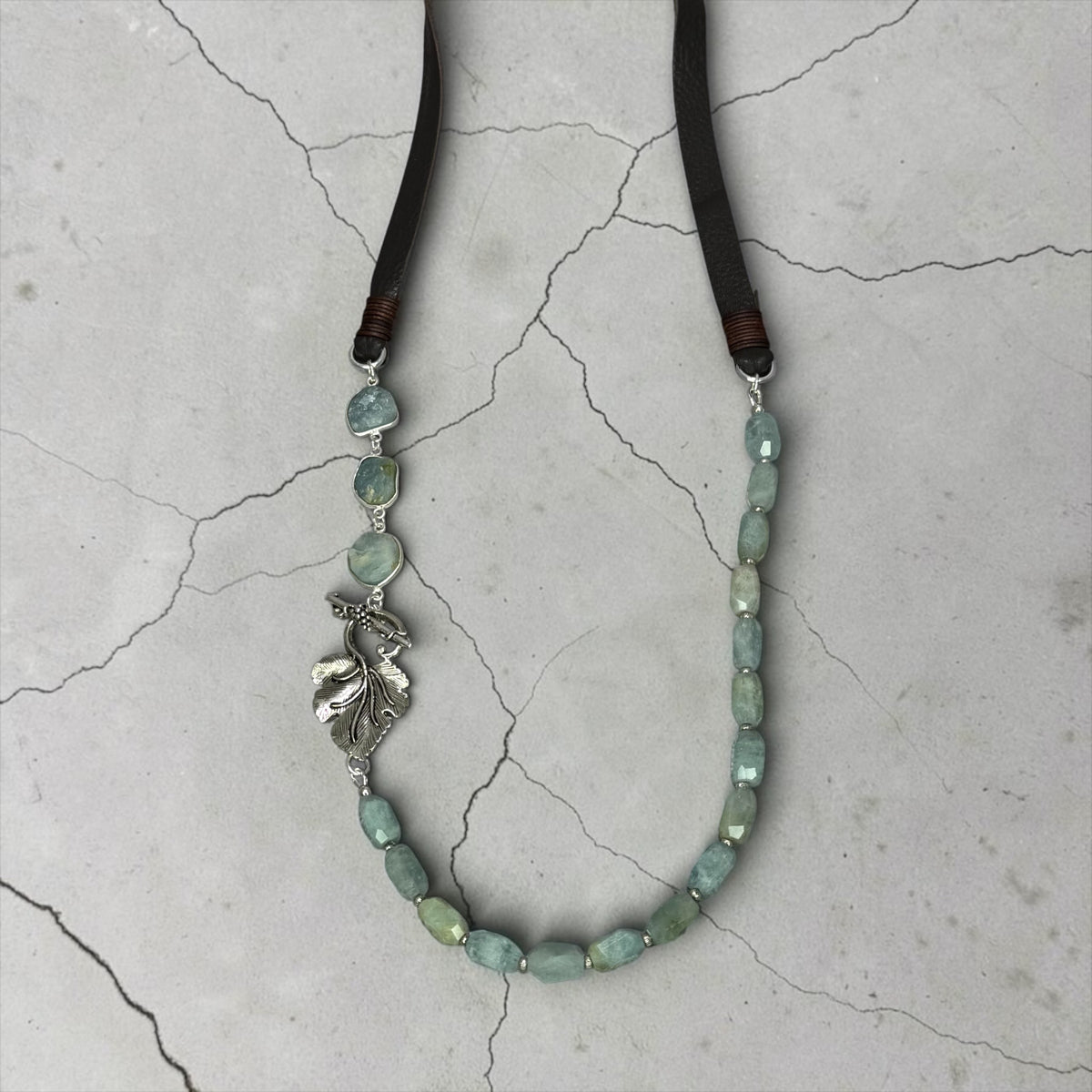 Soothe - Raw, Natural, Hand Cut Aquamarine and Artisan Silver Large Leaf - Adjustable Leather Necklace